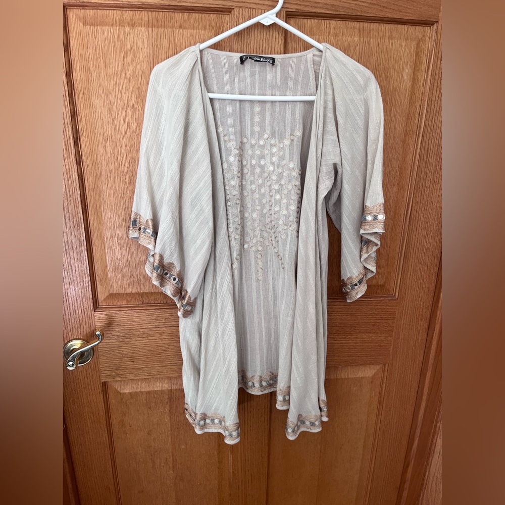 Bohemian Bones embroidered Embellished Open-Front Kimono — Light Taupe